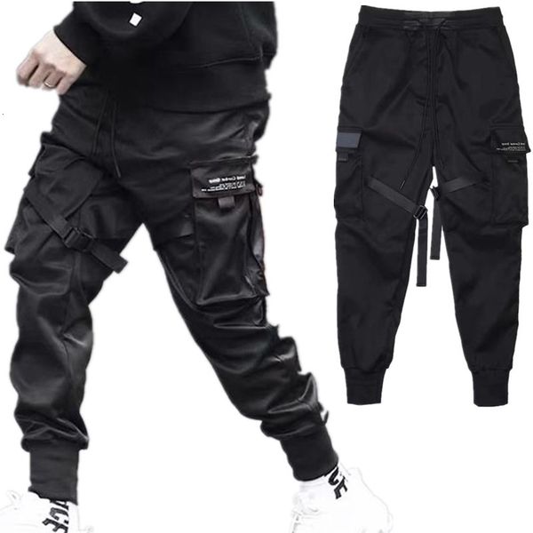 Calças masculinas Hip Hop Boy Track Pants Cintura Elástica Harém Pant Men Streetwear Punk Ribbons Design Calças Masculinas Calça Preta Bolsos Joggers 230724