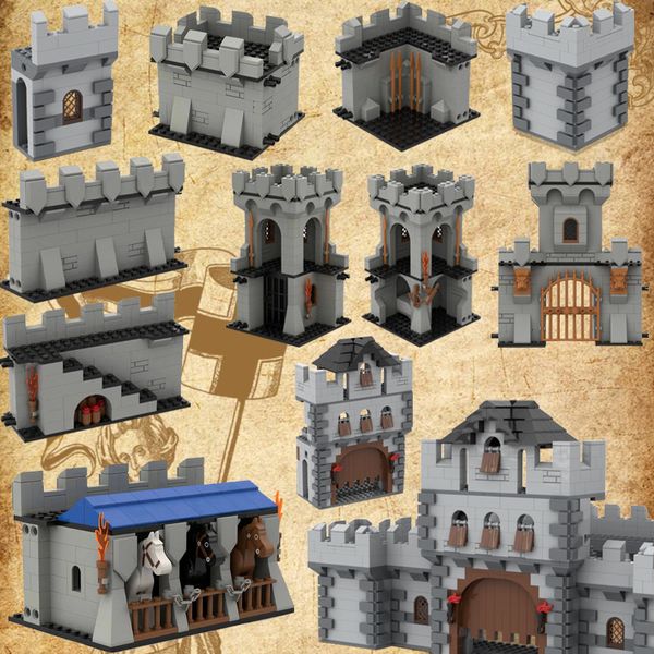 Action Toy Figures MOC Medieval Military Architecture Block City Wall Castle Gate Tower Knight Roman Spartacus Weapon Accessories Children's Toys 230720