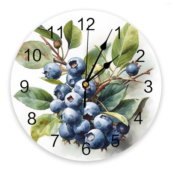 Wanduhren, Blaubeer-Aquarellblatt-Uhr, groß, modern, für Küche, Esszimmer, rundes Schlafzimmer, geräuschlose Hängeuhr