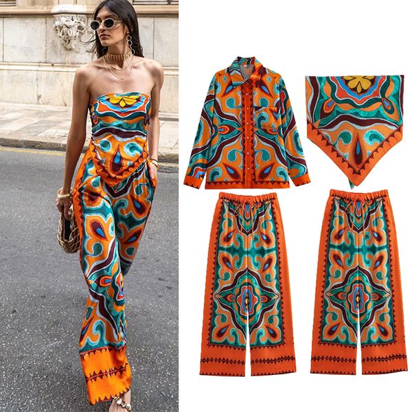 Женщины с двумя частями брюки Traf 2PEECE SET Summer Fashion Printed подтяжки эластичная талия костюмы шикарные элегантные праздники 230724