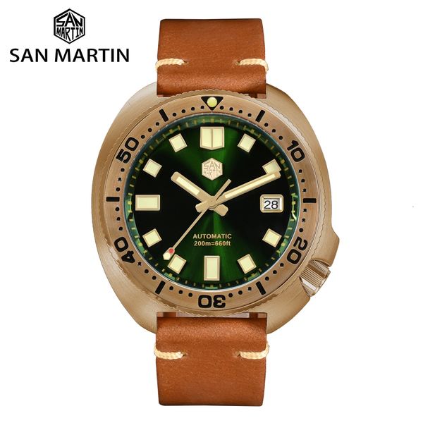 Outros Relógios San Martin 44mm Abalone V4 Turtle Bronze Sólido Vintage Diver Men Relógio Mecânico 20 Barras Pulseira de Couro Luminoso Relojes 230725