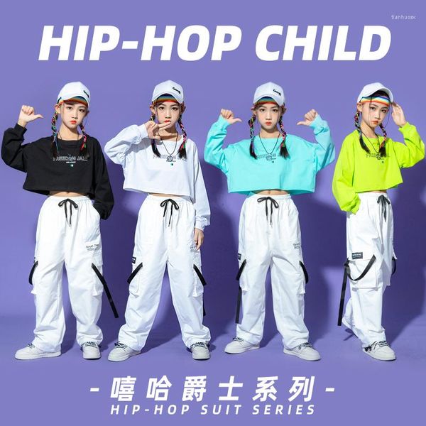 Gym Kleidung Kinder Konzert Hip Hop Crop Tops T-shirt T-stück Weiß Streetwear Tactical Cargo Hosen Für Mädchen Jazz Dance kostüm Kleidung