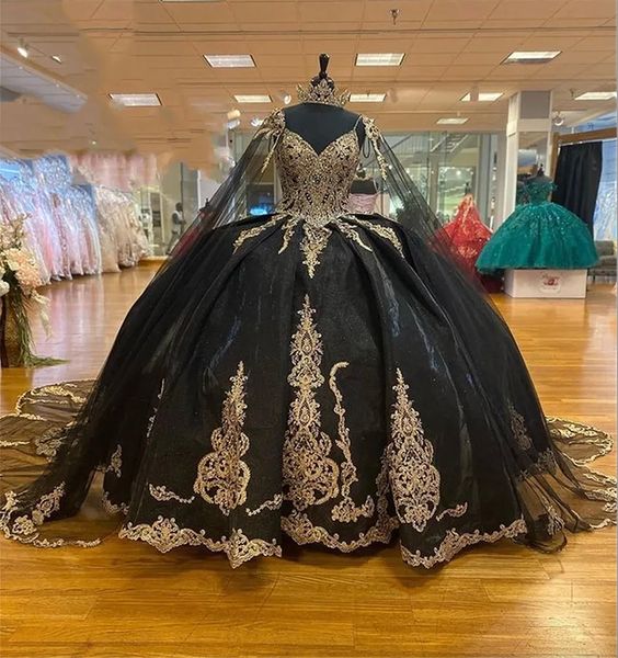 Schwarzgoldenes, bauschiges Prinzessin-Quinceanera-Kleid mit Cape, luxuriöses, glitzerndes, perlenbesetztes Schnürkorsett für 15 Jahre