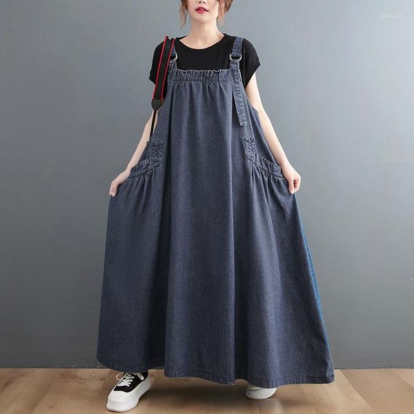 Vestidos Casuais 2023 Mulher Primavera Verão Jeans Suspensório Vestido Longo Solto Punk Estilo Vintage Cargo Fêmea Grande Swing