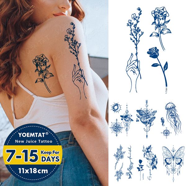 Adesivo de tatuagem temporária à prova d'água semipermanente linha flor texto genipin ervas folhas suco tinta duradoura tatuagem de ombro falso