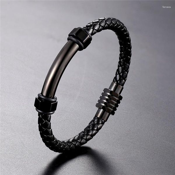 Pulseiras de link de alta qualidade pulseiras modernas joias masculinas pretas trançadas de couro feitas à mão em aço inoxidável fechos magnéticos pulseira punk