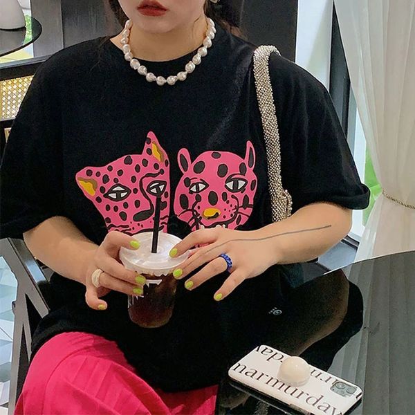 Женская футболка Pink Leopard Graphic Top Summer Lummer K-Pop Women Street Fashion Black футболка с короткими рукавами.