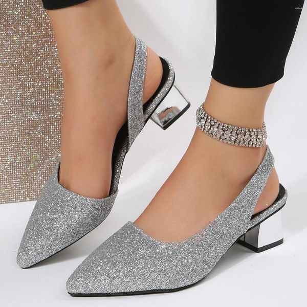 Sandalen Mode Bling Gold Silber Damen 2023 Sexy Point Toe Dicke Ferse Party Schuhe Frau Sommer Slip-on Square Heeled