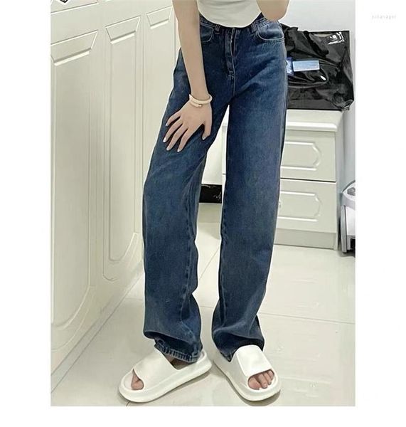 Calça Jeans Feminina Americano Vintage Lavado Liso Descolorido Fêmea Para Mulheres Folgado Solto Casual Streetwear Calça Jeans Cintura Alta Azul