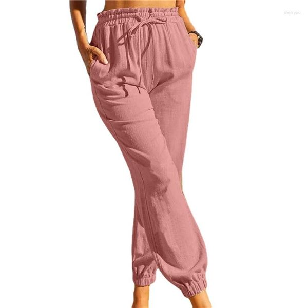 Pantaloni da donna Casual Sport Cotone Lino Elastico Foglia di loto Cintura media Donna Bloomer con coulisse Pantaloni femminili tinta unita