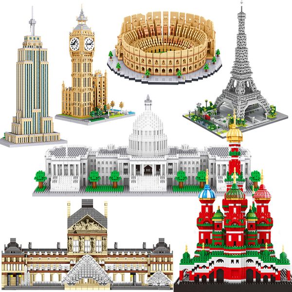 Figure di giocattoli d'azione Architettura urbana Statua della Libertà Big Ben Torre Eiffel mini blocco di costruzione corrispondente a Mosca Cattedrale di Londra giocattoli da costruzione con diamanti 230720