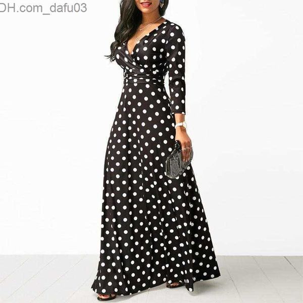 Temel gündelik elbiseler Kadın Polka Dot Uzun Kollu Boho Elbise Zarif Vintage Kadın Elbiseler Parti V Boyun Maxi Uzun Elbise Moda Bayanlar1 Z230725