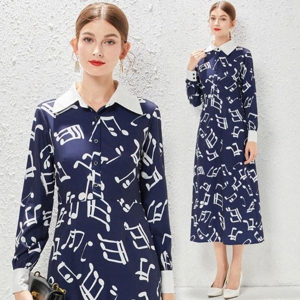 23SS Designer-Kleid Luxus Vintage Fliege Hals bedrucktes Kleid Damenmode blau gemustert Promi-Stil High-End-gedruckter Stil Polo-Ausschnitt Shi Q4Cs #
