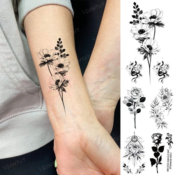 Trasferimento Impermeabile Autoadesivo Del Tatuaggio Temporaneo Donne Fiore Realistico Pianta Rosa Peonia Serpente Flash Tatto Uomini Bambino Polso Tatoo Falso