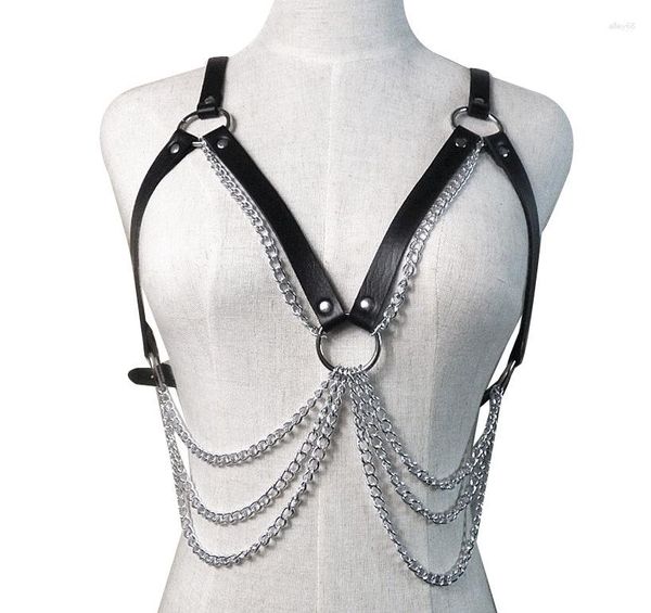 Cintos Couro PU Sexy Arnês Jarreteira Com Borlas de Metal Corpo Feminino Bondage Gaiola Alça Bralette Esculpindo Prata