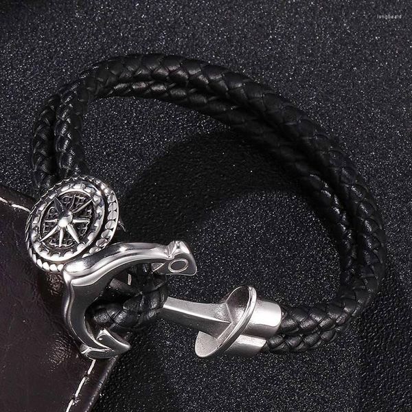 Charme pulseiras na moda homens mulheres dupla camada de aço inoxidável âncora fivela couro preto trançado pulseira jóias presentes fr0183