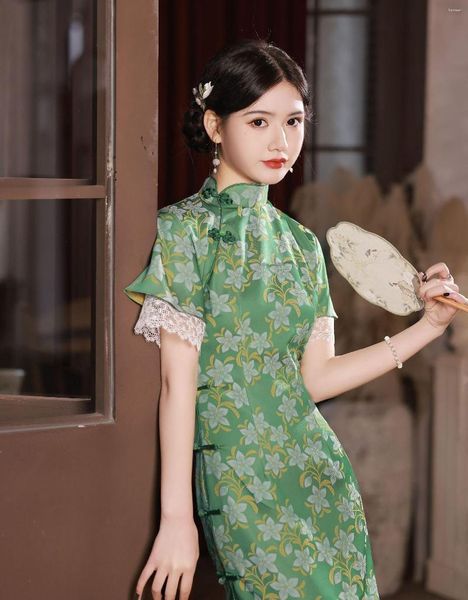 Ethnische Kleidung Chinesischer Nationaler Kurzarm Sexy Langer High Split Qipao Vintage Grüner Blumendruck Cheongsam