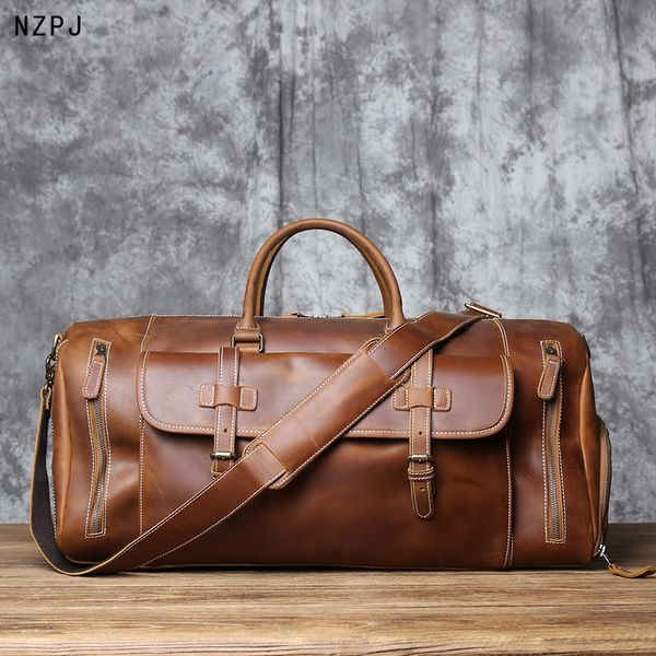 Bolsas Duffel Bolsa de viagem masculina vintage de couro genuíno Bolsa de bagagem de couro Crazy Horse Bolsa de mão jeans de grande capacidade NZPJ 230724