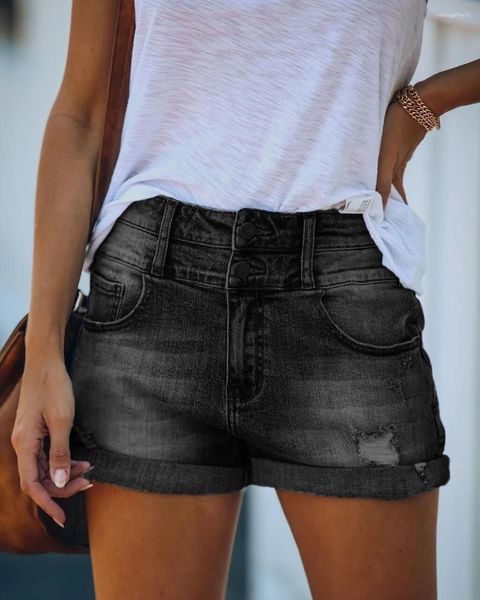 Shorts femininos 2023 verão cintura alta rasgado denim para mulheres moda elástica hem sexy jeans roupas casuais S-2XL