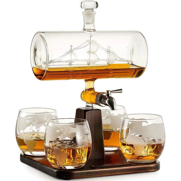Conjunto de copos de vinho antigo em forma de barco para uísque com 4 copos de vidro garrafa vermelha para bebida licor Bourbon Vodka Brandy Cognac Rum Gin 230724