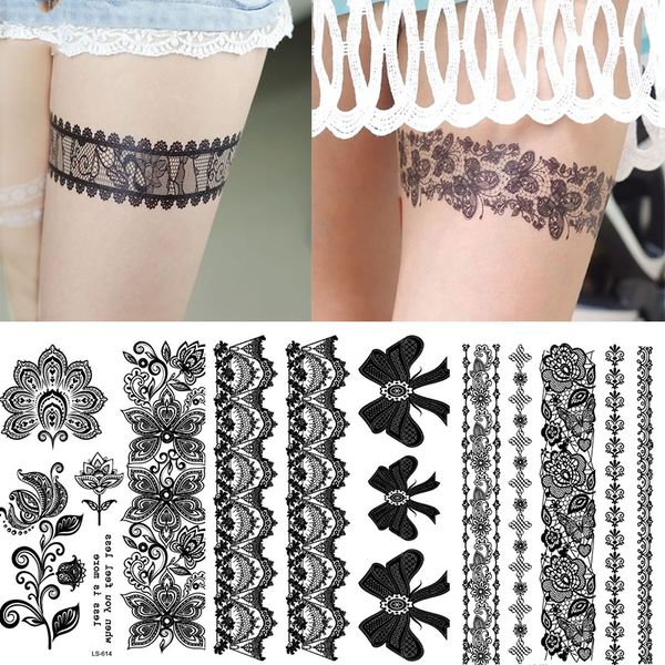 30 stili Donne Tatuaggio in pizzo nero per collo braccia manica trasferimento acqua fiore rosa foglia adesivo tatuaggio temporaneo RA018