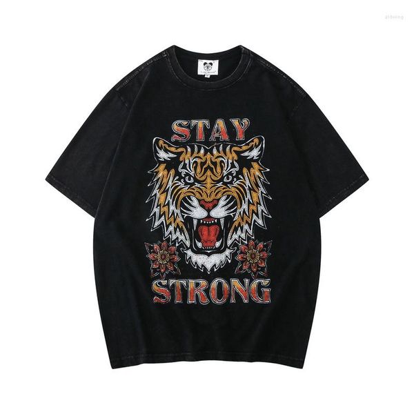 T-shirt da uomo T-shirt moda uomo stile vintage tigre stampata retrò lavaggio camicia oversize casual estiva nera