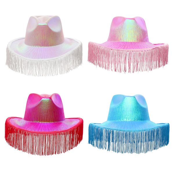 Chapéus de festa Neon Sparkly Glitter Space Chapéu de cowboy divertido metálico holográfico festa discoteca vestir chapéu de cowboy fantasia ocidental franja chapéu de cowboy 230724