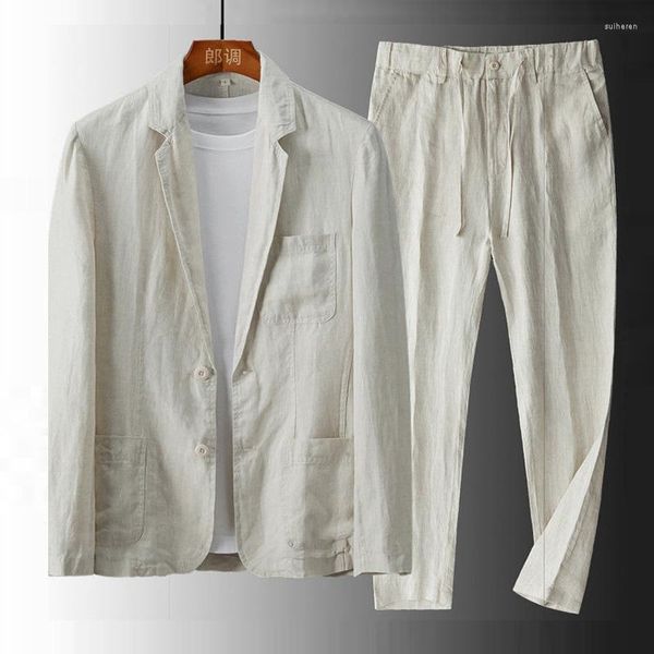 Ternos masculinos 2023 primavera 2 peças linho algodão bolso branco preto para casual formal terno masculino roupas jaqueta blazer
