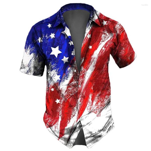 Camisas casuais masculinas Camisa de verão manga curta Bandeira dos Estados Unidos Estampada Masculina Tops soltos Retro Roupas grandes