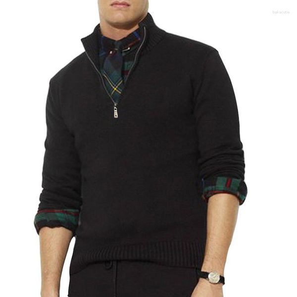 Suéter masculino de alta qualidade com meio zíper e decote falso de malha de algodão, suéter de malha, gola alta, casual, tipo de ajuste para homem