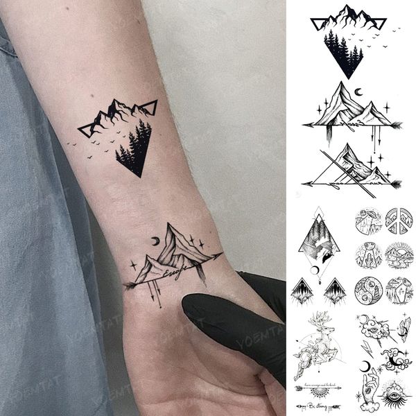 Adesivo de tatuagem temporária à prova d'água traduzível Mountain River Geometric Flash Tatto Homens Mulheres Criança Pulso Arte Corporal Tatuagem Falsa