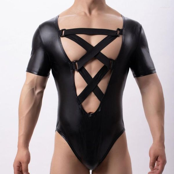 Erkekler vücut şekillendiricileri Erkekler Bodysuit Cross Bandage Seksi Eşcinsel Erotik Teddies iç çamaşırı sahte deri singlet külot iç çamaşırı tek parçalı tulumlar