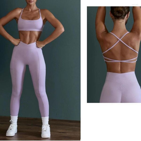 Set attivi Abbigliamento da donna Set da yoga Reggiseno incrociato incrociato rapido in 2 pezzi Abbigliamento sportivo ad alta resistenza spazzolato Donna traspirante antiurto