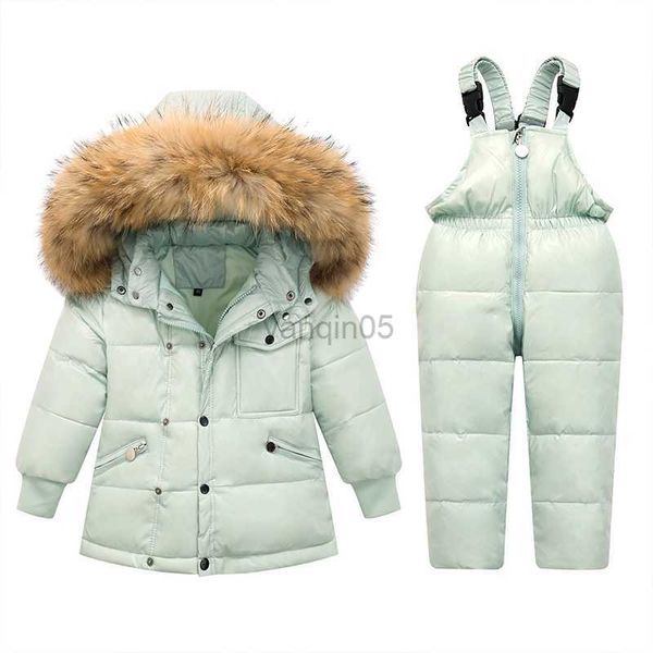 Casaco de penas para bebê macacão de neve -30 graus crianças conjunto de roupas de inverno macacão jaquetas menina crianças parka menino casaco à prova d'água + macacões HKD230725