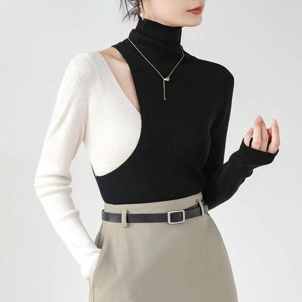 Kadınların Sweaters Belvtleneck Sweater Siyah Beyaz Renk Kontrast Toz Tozlar Gömlek Üstü Uzun Kollu Yay