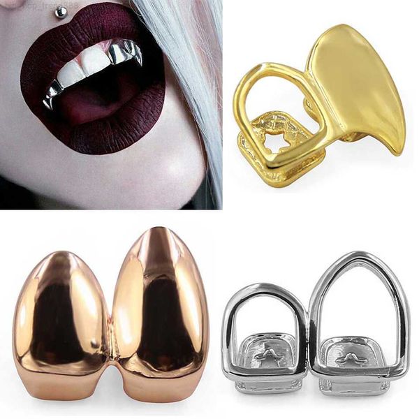 Grillz Dental Grills 18K Real Gold Punk Hip Hop Double Fang Tooth Cap Cosplay Halloween Costome Party Vampire Rapper Monili per il corpo all'ingrosso