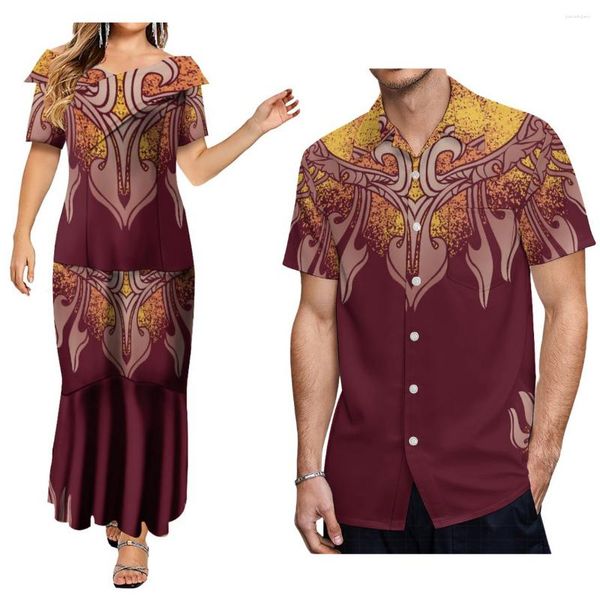 Lässige Kleider Polynesian Tribe Hawaiian Print Custom Fashion Paar Damen Elegantes Kleid mit Herrenoberteil