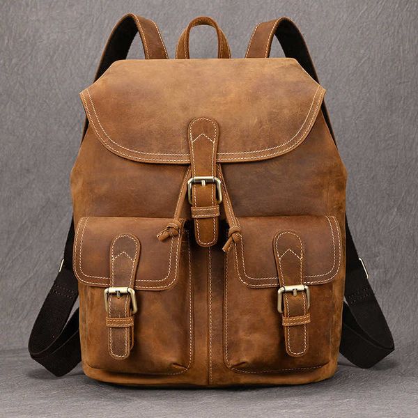 Backpack de couro feminino de 13 polegadas de couro genuíno Backpack masculino Moda Casual Casual Bolsa 230715 230821