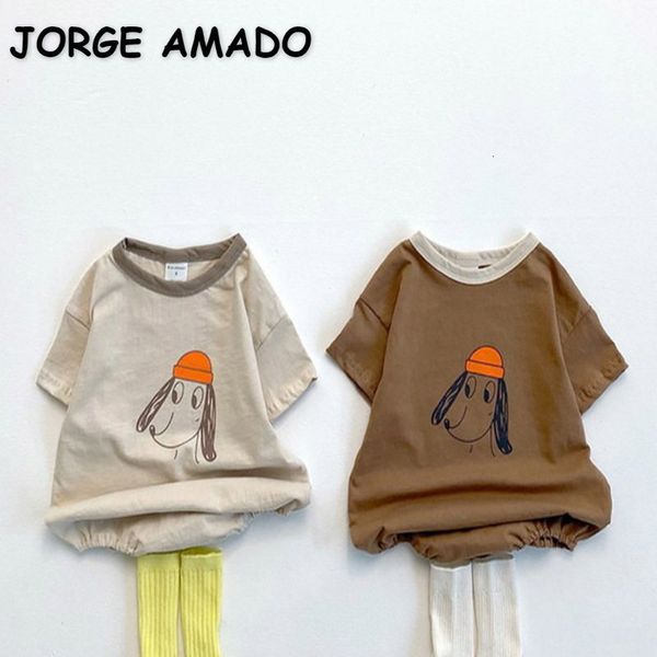 Macacão estilo coreano verão roupa de bebê menina menino body gola redonda bege cartoon algodão macacão fino roupas infantis e1980 230724