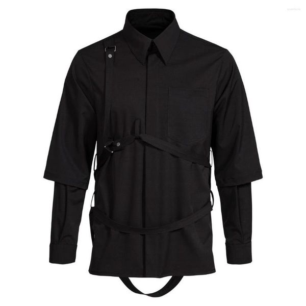 Camicie casual da uomo 2023 Style Fashion Camicia finta in due pezzi Cinturino nero scuro Show Bundle Doppia manica