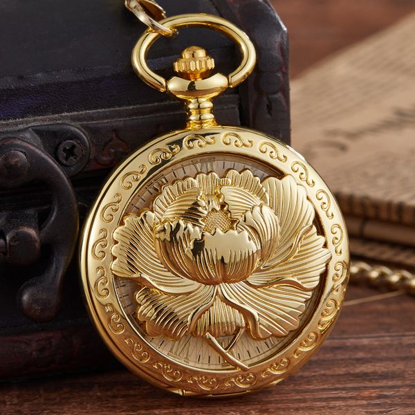 Карманные часы Peony Flower Mechanical Pocket Watch Rich Blossom Symbol Men Gold Hand Wind Retro Fob Pendant Watch