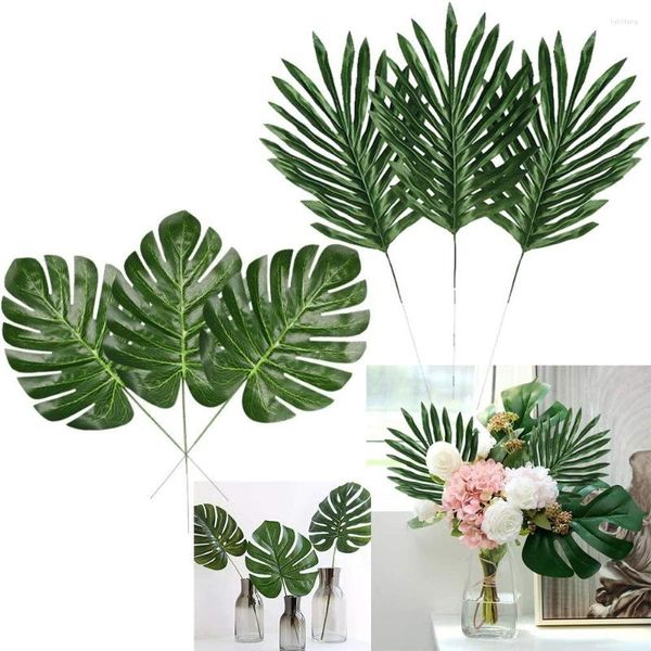 Flores decorativas 24 pçs 2 tipos de plantas tropicais folhas de palmeira artificial falso safári havaiano luau festa fornecedores decoração