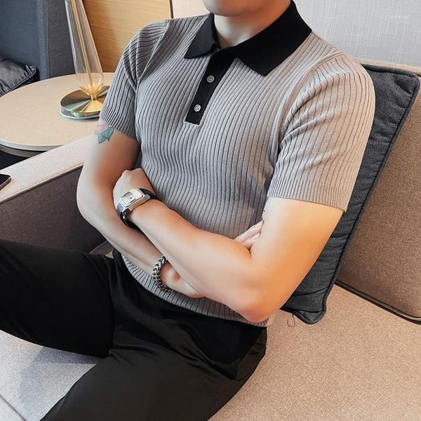 Männer Polos 2023 Gestrickte Streifen Poloshirt Business Sommer Eis Kühlen Kurzarm T-shirt Hohe Qualität Casual Männer Shirts