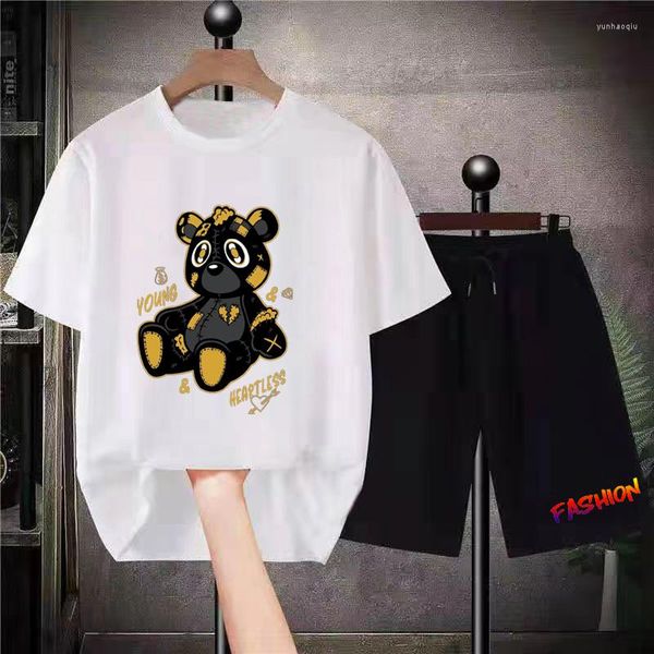 Мужские спортивные костюмы Kawaii медведь хлопковые футболки шорты модные мультипликационные карикатуры.