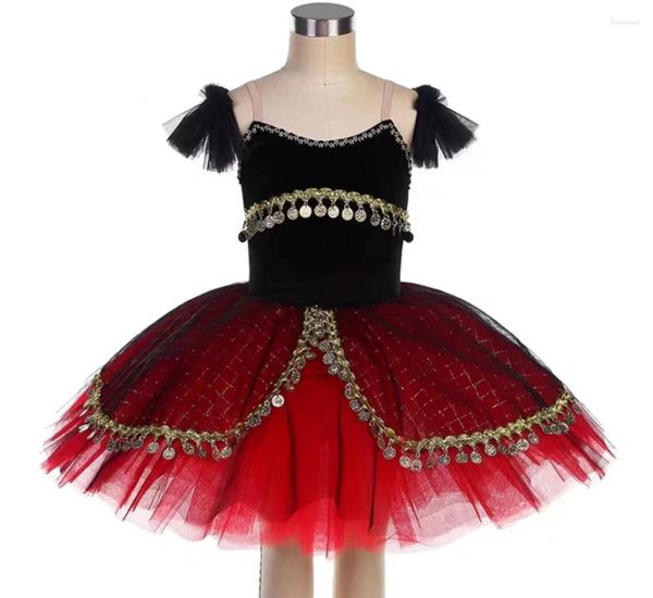 Abito da balletto per abbigliamento da palcoscenico TUTU Sporgente Personalizzato su misura di alta qualità Garza spaccata Colore nero Adul per bambini