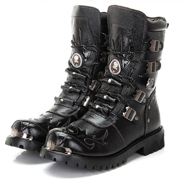 Bot Kış Men Motosiklet Botları Moda Orta Salf Punk Rock Punk Ayakkabı Erkekler Gerçek Deri Siyah Yüksek Üstü Erkek Boot 38-46 230724