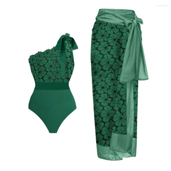 Costumi da bagno da donna Costume da bagno con stampa floreale verde Moda donna Monospalla Slim Halter Bikini a vita alta Sexy 2023 Cinghie Copertura irregolare