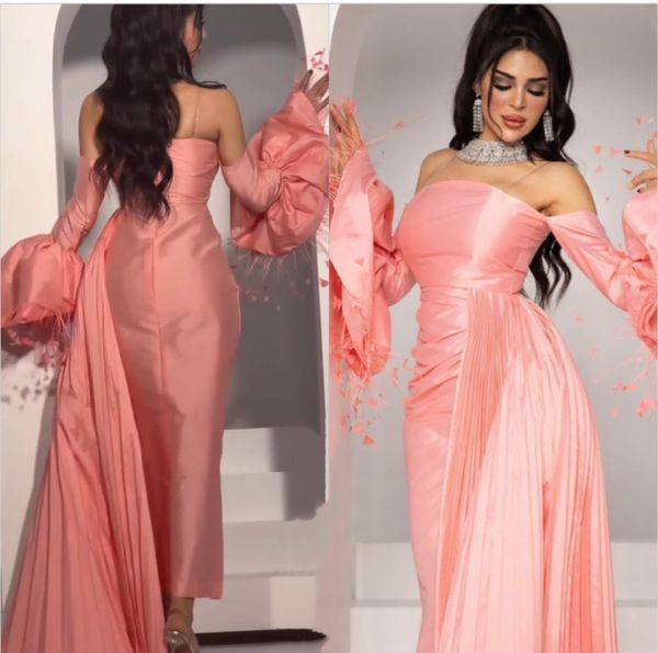 Vestidos de noite curtos e elegantes de tafetá rosa com bainha de penas, manga comprida, alças transparentes, comprimento do tornozelo, zíper nas costas, muçulmano, formal, vestido de festa feminino