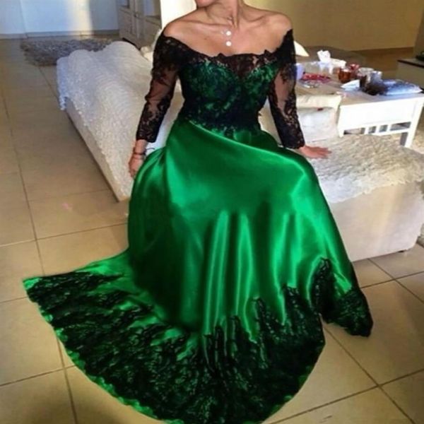 Novo Abendkleider Vestido de Noite Verde Esmeralda Vestido de Baile com Apliques de Renda Preto Manga Longa Vestidos Largos para Bodas259B
