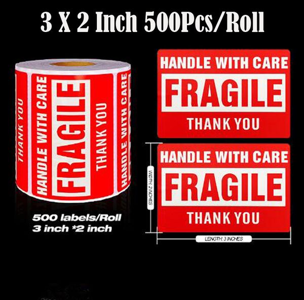 3x2 pollici 500 Pz / lotto Manico fragile con adesivi per la cura Etichette piccole e grandi impermeabili 3 
